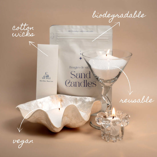 Sand candles packaging and candle lighting featuring cotton wicks, reusable, vegan, and biodegradable wax.