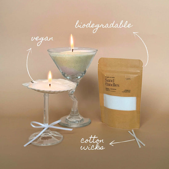 Sand candles packaging and candle lighting featuring cotton wicks, reusable, vegan, and biodegradable wax.