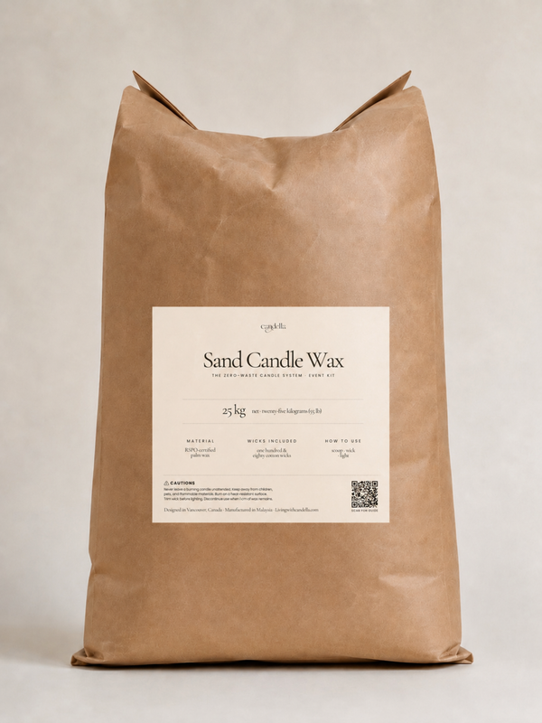 A large white 25kg bag of sand candle wax labeled "Candella Sand Candles" with beige packaging and text in English, designed for event vendors for a sustainable candle experience.