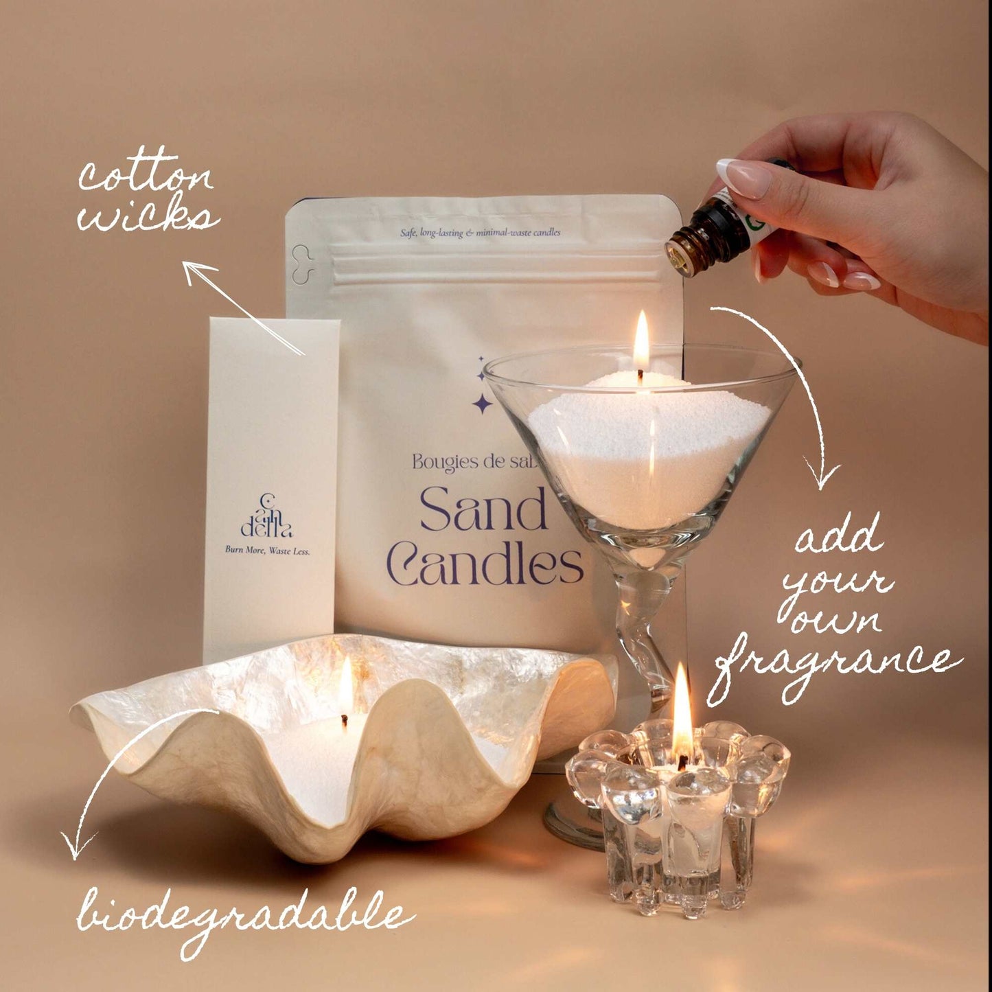 Sand candles packaging and candle lighting, with the option to customize scents by adding your own fragrance oil