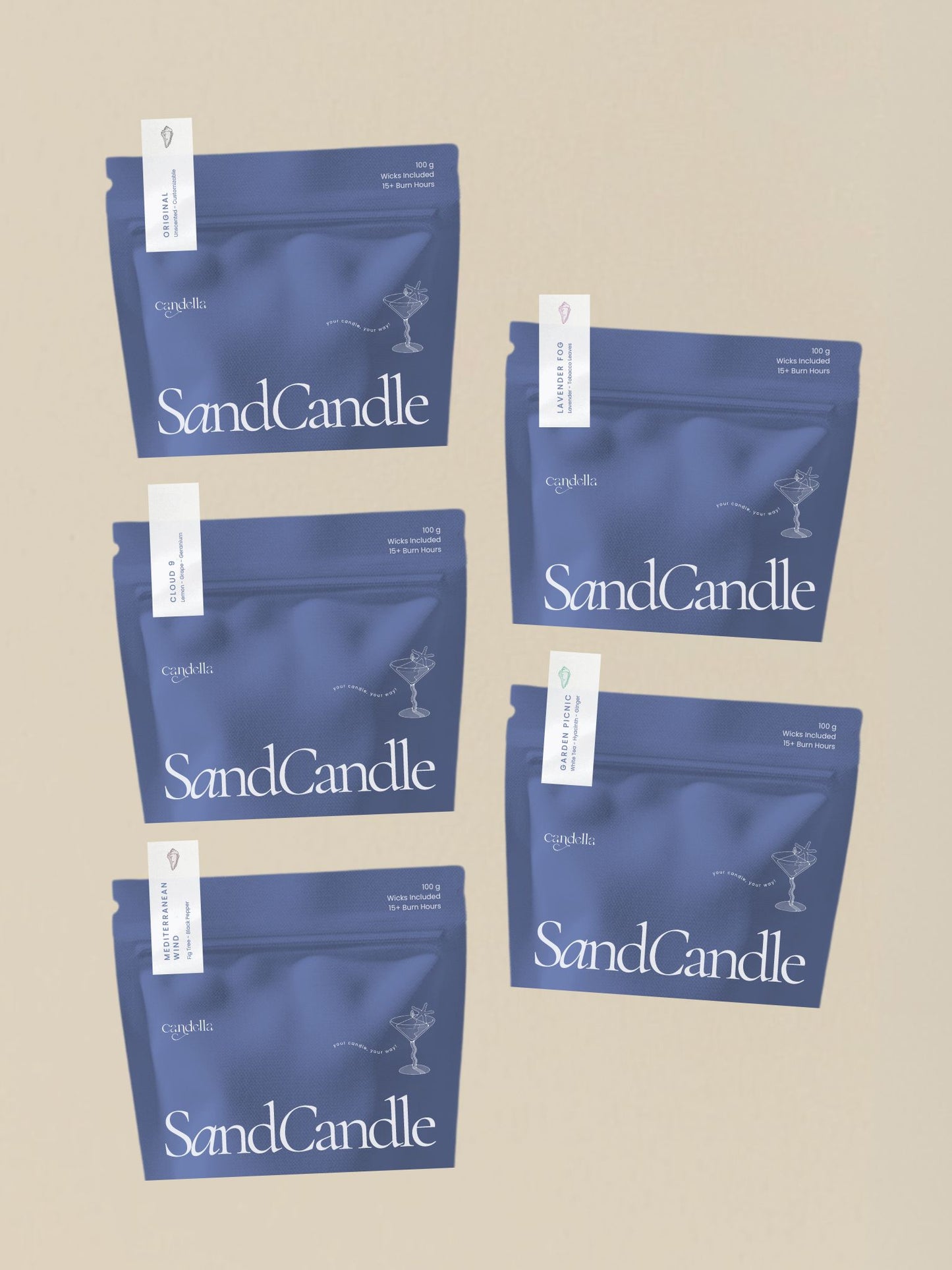 x5 of candella's sand candle collection in discovery size