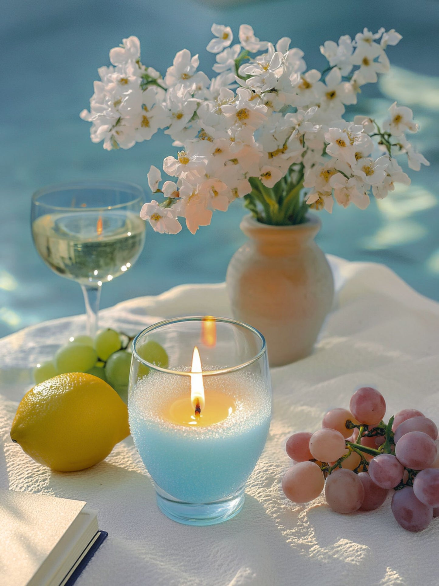 A serene tabletop scene featuring a lit pastel blue Candella Sand Candle in a frosted glass holder, set against a backdrop of a tranquil pool. Surrounding the candle are a cluster of white flowers in a small ceramic vase, a glass of white wine, a lemon, green grapes, and a bunch of purple grapes. The soft lighting and calm setting evoke a peaceful, relaxing atmosphere.