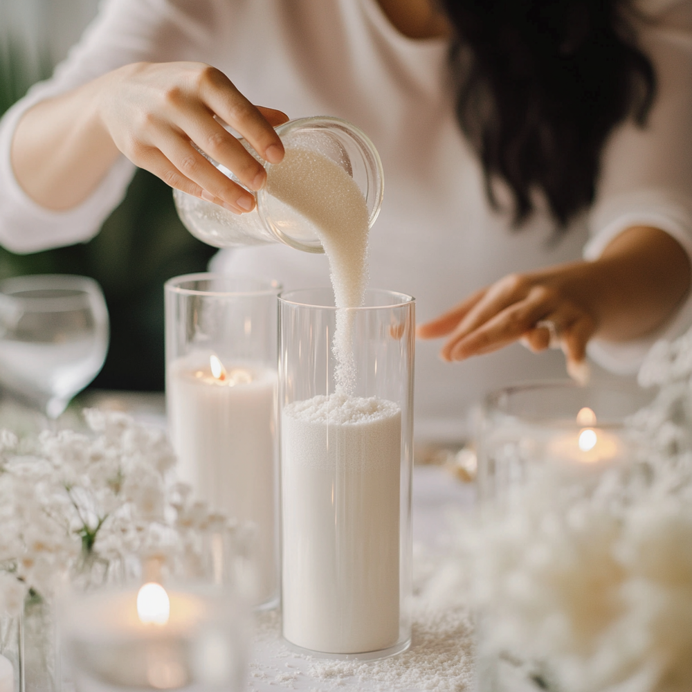 A Candella Sand Candle event vendor demonstrating a pouring motion while crafting a candle.