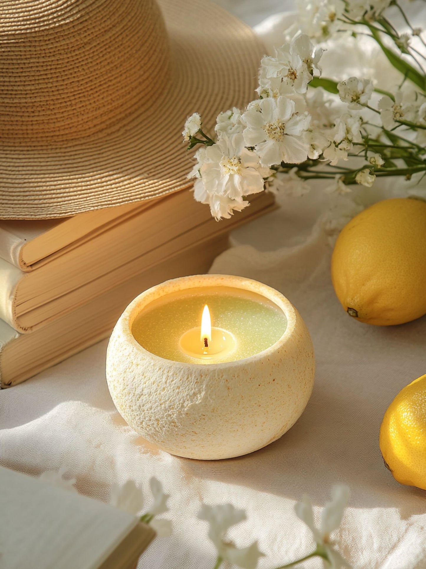 The image depicts a serene, summery scene with a lit sand candle in a textured, round container. The candle is surrounded by a straw hat, white flowers, lemons, and stacked books, creating a warm and inviting atmosphere perfect for relaxation and reading.