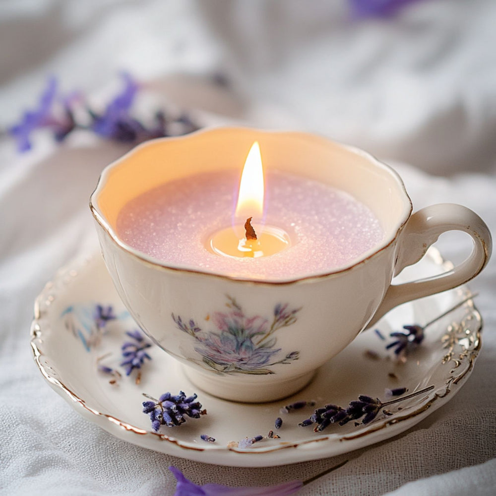 
                      
                        A serene tabletop scene featuring a lit pastel lavender Candella Sand Candle in a vintage cup set.
                      
                    