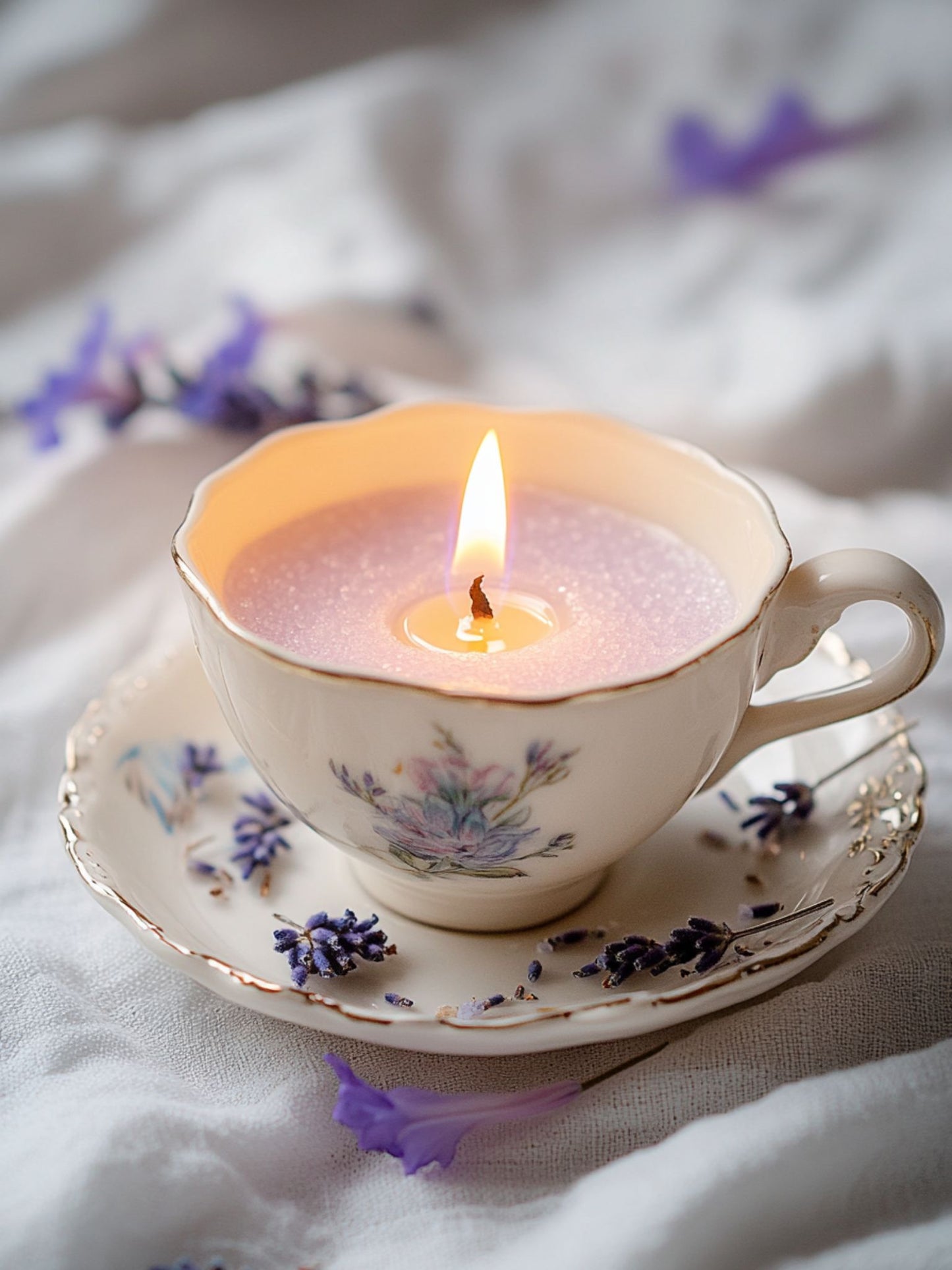 A serene tabletop scene featuring a lit pastel lavender Candella Sand Candle in a vintage cup set.