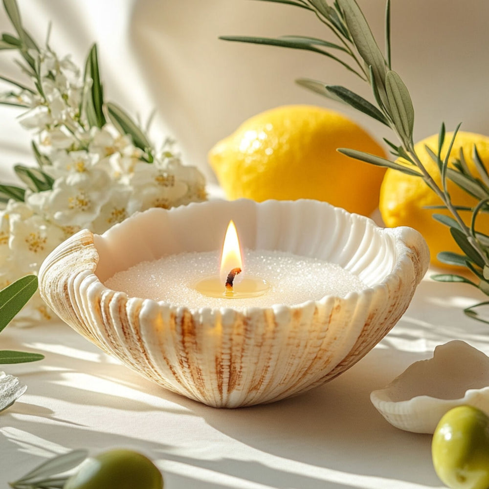 The white sand candle lighting inside a seashell vessel.