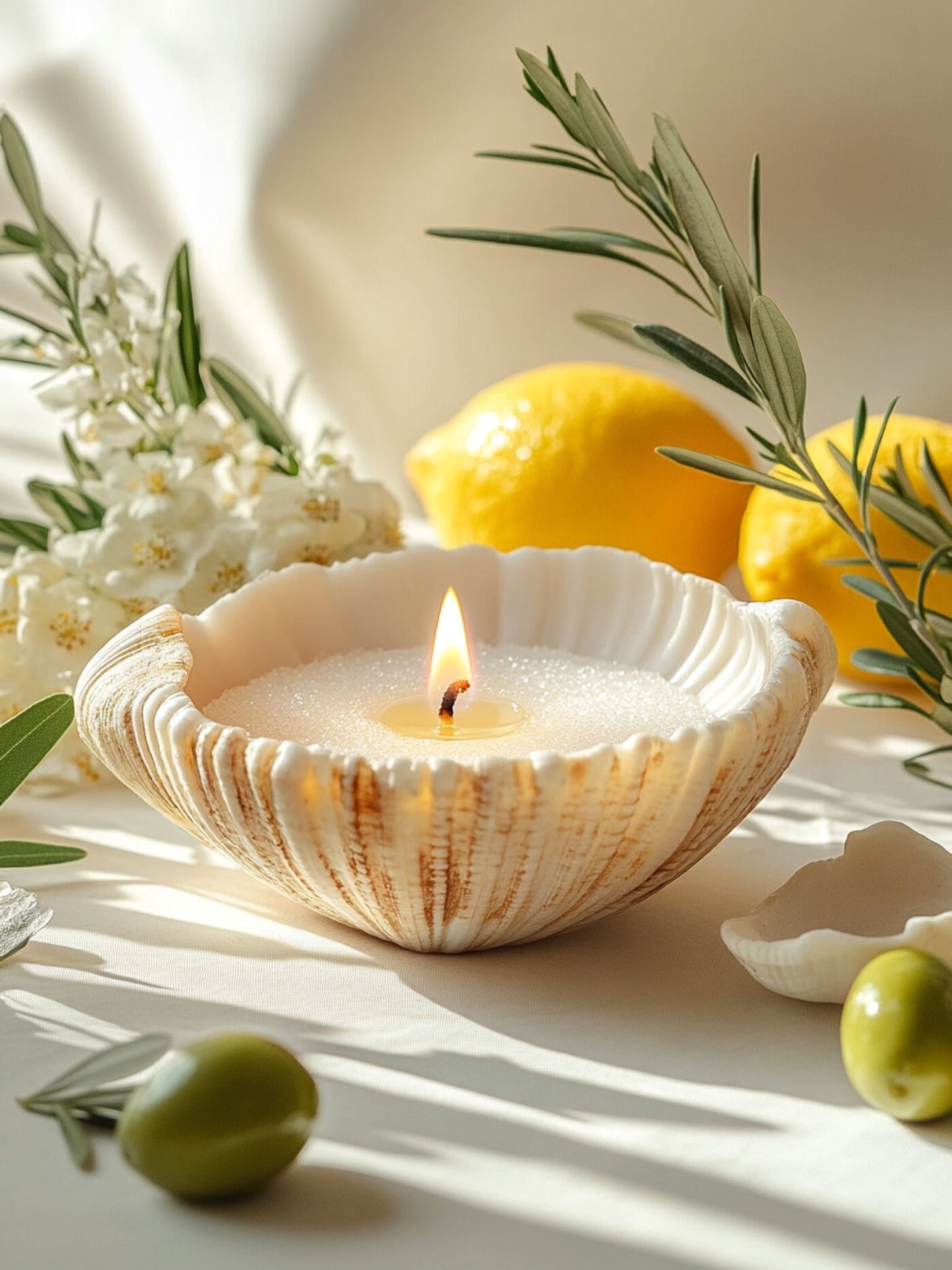 The white sand candle lighting inside a seashell vessel.