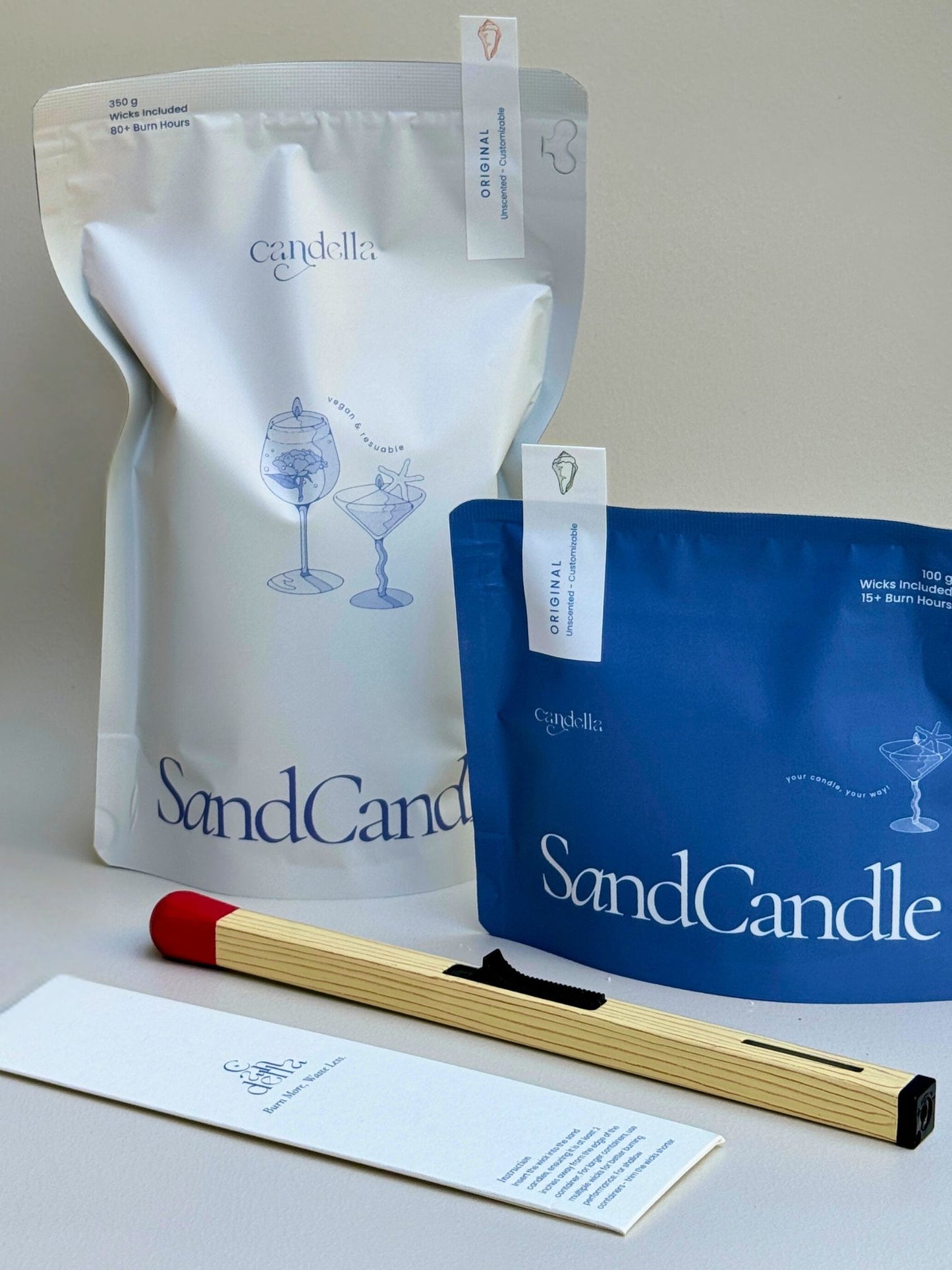 This kit includes one discovery size and one classic size sand candle of your choice. As well as one matchstick lighter and a pouch of 15 cotton wicks.