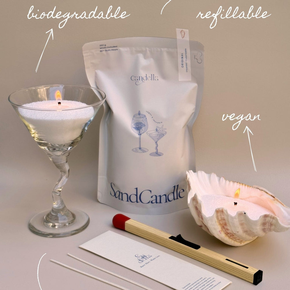 
                      
                        The image features a glass and shell filled with sand and lit wicks, a bag labeled "Candella SandCandle," cotton wicks, and a large matchstick. The text highlights the product's eco-friendly attributes: "biodegradable," "refillable," and "vegan." The setup promotes a sustainable candle-making experience.
                      
                    