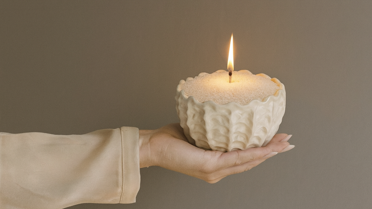 Hand holding a textured ceramic bowl with a lit candle inside against a plain background - Candella