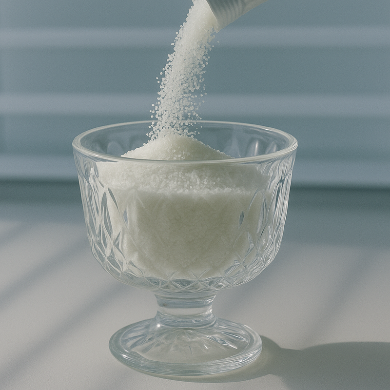 White sand candle being poured from a bag into a glass bowl on a light background