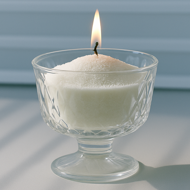 Candle in a glass holder with a blue background