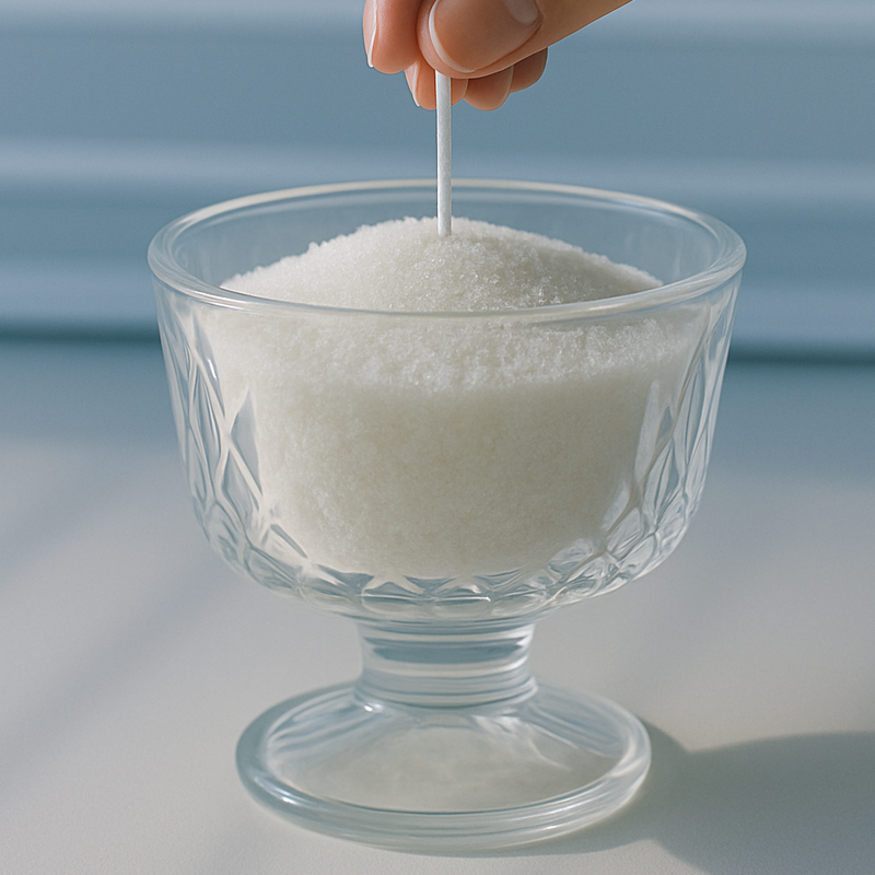 Glass bowl filled with sand candle on a light blue background