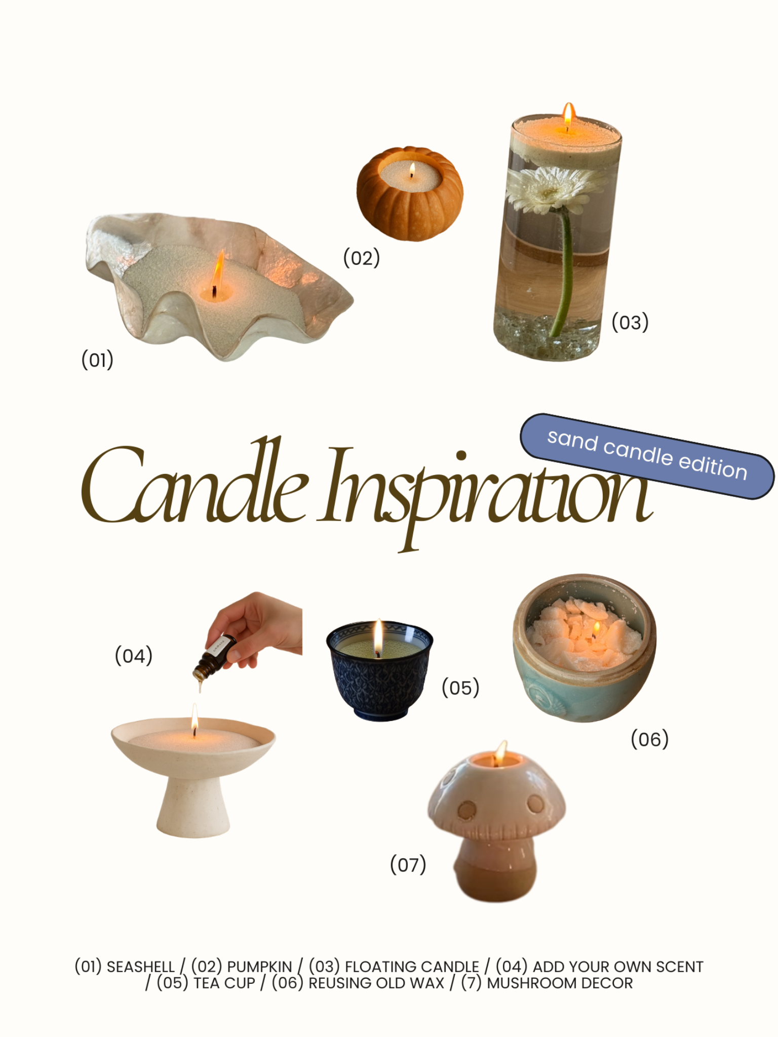 Collection of various candle holders with text indicating different styles and uses.